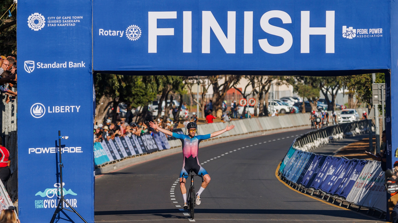 Kent Main celebrates after winning the 2024 Cape Town Cycle Tour Picture Cape Town Cycle Tour